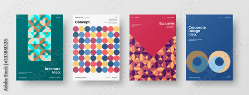 Business presentation vector A4 vertical orientation front page mock up set. Corporate report cover abstract geometric illustration design layout bundle. Company identity brochure template collection.