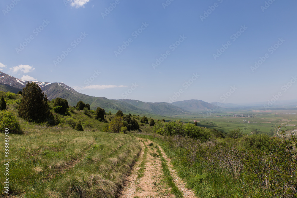 Obraz premium Aksu Zhabagly nature reserve, oldest in Central Asia, with snow hills and sky on background, situated in Kazakhstan
