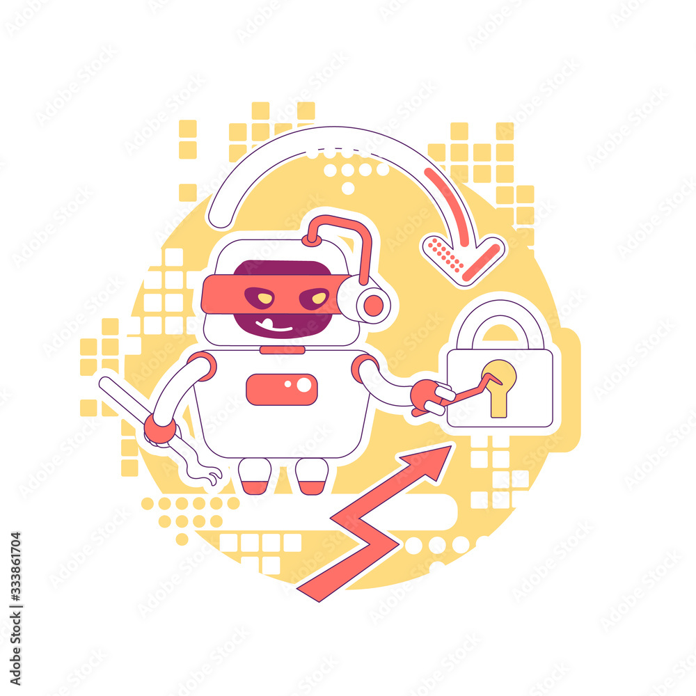 Hacker bot thin line concept vector illustration. Stealing personal account password, data and content. Bad scraper robot 2D cartoon character for web design. Cyber attack creative idea Hacker bot thin line concept vector illustration. Stealing personal account password, data and content. Bad scraper robot 2D cartoon character for web design. Cyber attack creative idea