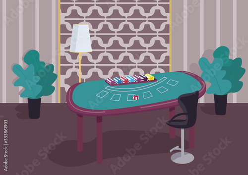 Blackjack green table flat color vector illustration. Counter to play card games. Stack of chips to make bets. Gambling lottery. Casino room 2D cartoon interior with luxury decoration on background
