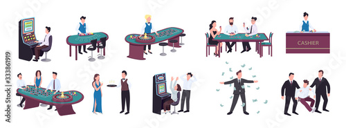 Gambler flat color vector faceless characters set. Players betting on red and black in roulette game. Poker and blackjack table. Slot machine. Casino isolated cartoon illustrations on white background