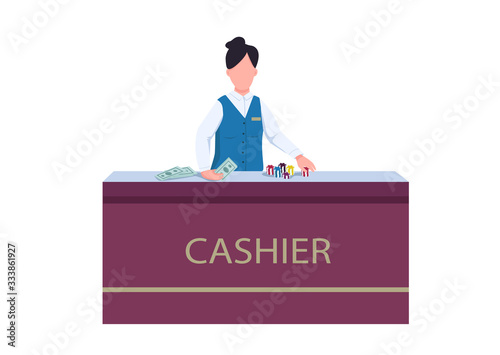 Cashier flat color vector faceless character. Woman in uniform behind desk. Female staff exchange chips for money. Personnel desk to get cash prize. Casino counter isolated cartoon illustration