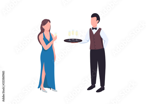 Elegant flat color vector faceless characters. Man in uniform with tray. Male waiter serving sparkling wine. Woman in formal dress hold wine glass. Catering service isolated cartoon illustration