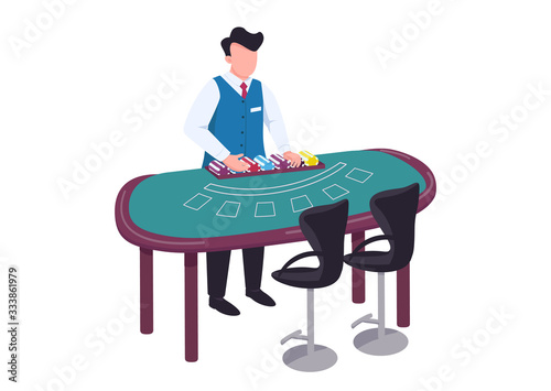 Dealer flat color vector faceless character. Man in uniform count stack of chips. Blackjack desk. Counter with layout for card deck. Croupier behind green table isolated cartoon illustration