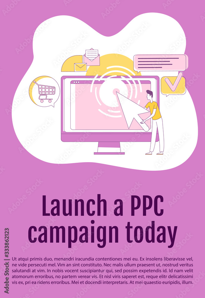 Launch PPC campaign today poster flat silhouette vector template. Advertising brochure, booklet one page concept design with cartoon characters. Pay per click marketing flyer, leaflet with text space Launch PPC campaign today poster flat silhouette vector template. Advertising brochure, booklet one page concept design with cartoon characters. Pay per click marketing flyer, leaflet with text space