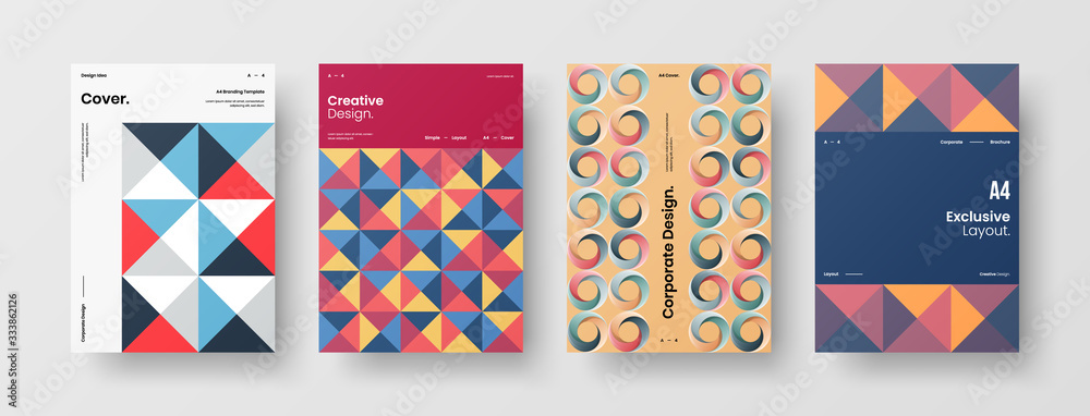 Business presentation vector A4 vertical orientation front page mock up set. Corporate report cover abstract geometric illustration design layout bundle. Company identity brochure template collection. Business presentation vector A4 vertical orientation front page mock up set. Corporate report cover abstract geometric illustration design layout bundle. Company identity brochure template collection.