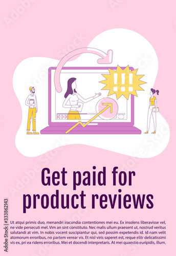 Get paid for product reviews poster flat silhouette vector template. Content marketing brochure, booklet one page concept design with cartoon characters. Online vlog flyer, leaflet with text space