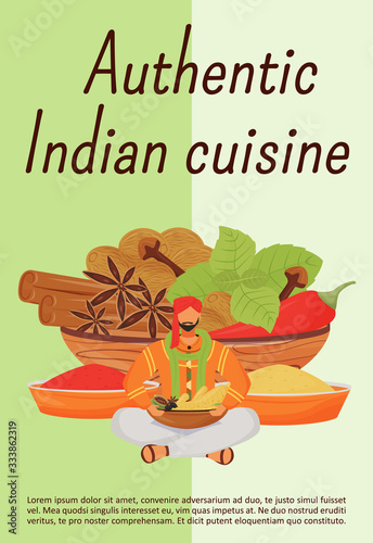 Authentic Indian cuisine poster flat vector template. Traditional hindu spices brochure, booklet one page concept design with cartoon character. Oriental meals ingredients flyer, leaflet