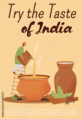 Taste of India poster flat vector template. Traditional Indian beverages brochure, booklet one page concept design with cartoon character. Spicy drinks, Chaiwala and Chaach flyer, leaflet