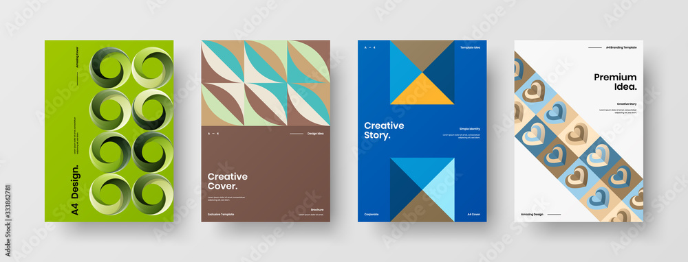Naklejka premium Business presentation vector A4 vertical orientation front page mock up set. Corporate report cover abstract geometric illustration design layout bundle. Company identity brochure template collection.