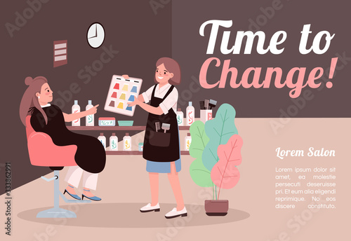 Time to change banner flat vector template. Brochure, poster concept design with cartoon characters. Woman picking hair color. Hairstylist consultation horizontal flyer, leaflet with place for text
