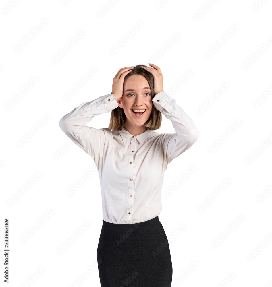 Happy celebrating young businesswoman, isolated Happy celebrating young businesswoman, isolated