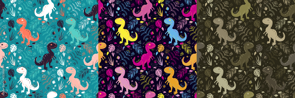 Hand Drawn Seamless pattern of Cartoon Dinosaur for girls, boys, clothes. Funny aleontology wallpaper for textile and fabric. Paleontology style Hand Drawn Seamless pattern of Cartoon Dinosaur for girls, boys, clothes. Funny aleontology wallpaper for textile and fabric. Paleontology style