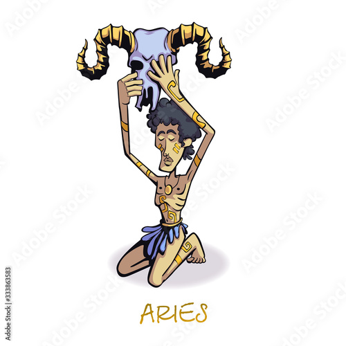 Aries zodiac sign man flat cartoon vector illustration. Astrological symbol, person with ram skull. Ready to use 2d character template for commercial, animation, printing design. Isolated comic hero