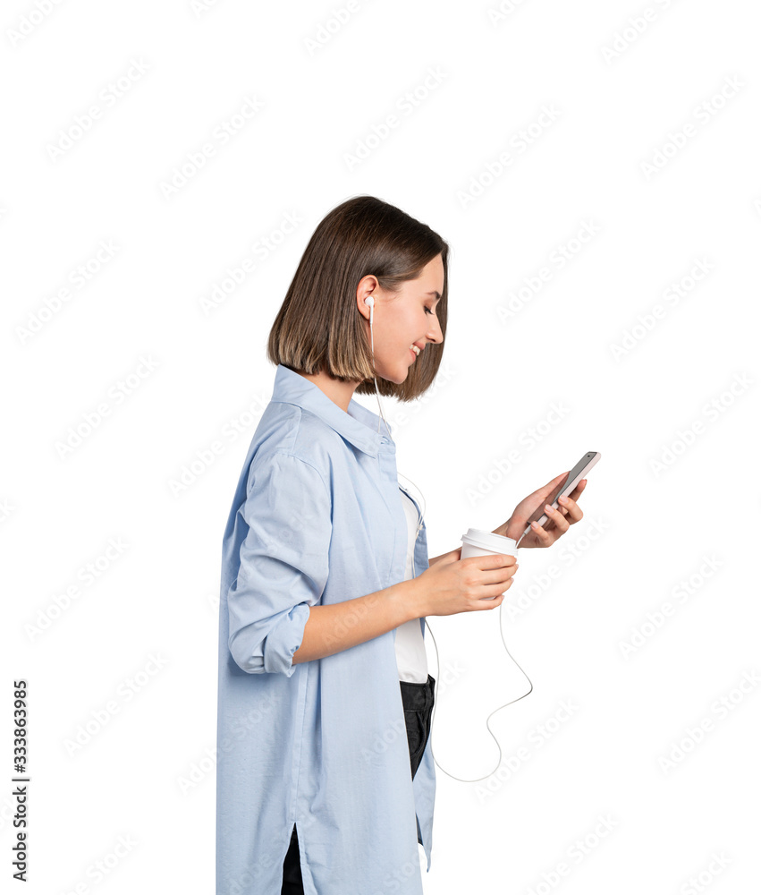College girl with headphones and coffee, isolated College girl with headphones and coffee, isolated