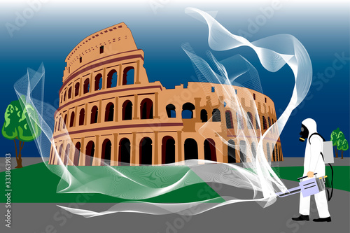 Vector disinfection of Italy from Covid-19. Death and hard quarantine. Coronavirus Pandemic (2019-nCov). Global disaster. Rome, Colosseum. 