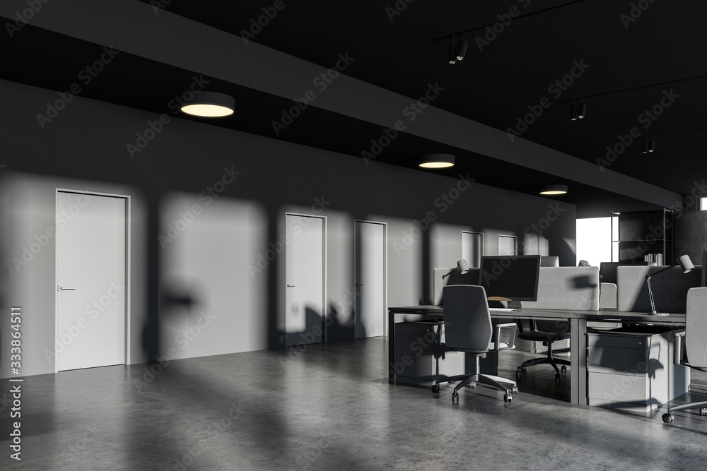Dark gray open space office with doors