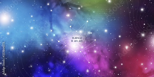 Widescreen futuristic technology illustration in front of outer space background with copy space. Cyberspace and network connection design template with glowing particles and geometric lines.