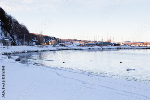 The Windsor cove with Canada geese floating and the Levy Nautical Park in the background seen during a blue hour morning from the St. Laurent Street, Lévis, Quebec, Canada