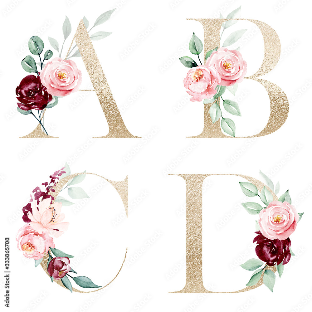 Floral alphabet, gold letters set with watercolor flowers and leaf ...