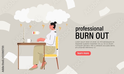 Emotional burnout concept with exhausted female worker or freelancer sitting at table in office or home. Frustrated angry depressed stressed worker, mental health problems banner, flyer, landing page.