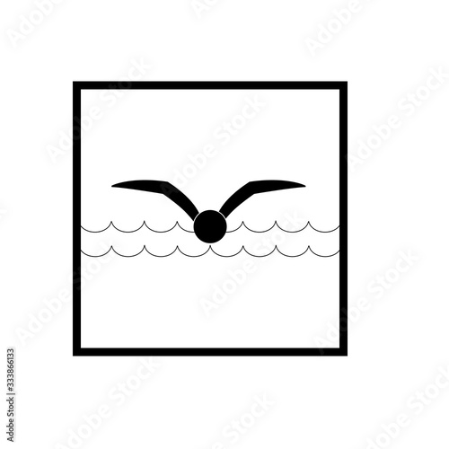 Sports. Sign place for swiming in water. Safety swim. Sign safeness on pool, beach, in river, sea. Protection during jump in. Monochrome template for poster. Design element. Vector illustration.