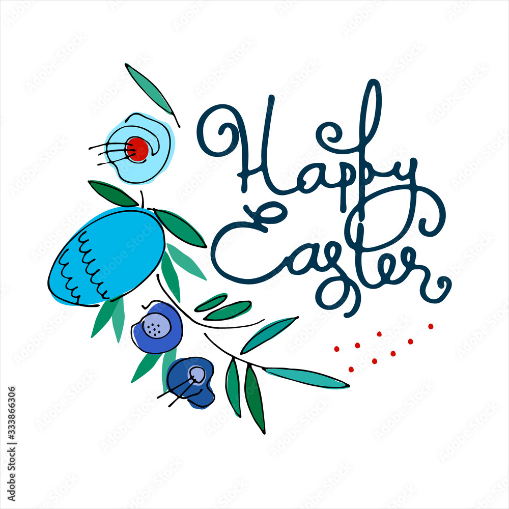 Happy Easter holiday design with hand-lettered greetings, flowers and egg. Isolated on white background Happy Easter holiday design with hand-lettered greetings, flowers and egg. Isolated on white background