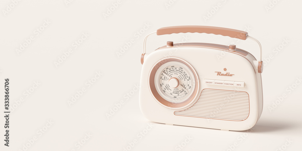 Fototapeta premium Retro radio, old music station background, broadcast concept, vintage audio receiver 3d rendering