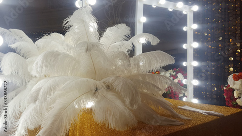 Decorative ostrich feathers on a gold table next to a make-up mirror photo