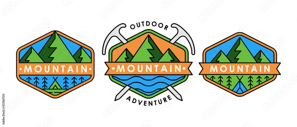 Set of Mountain logo vector illustration. Mountain badge design vector template design. Trendy Mountains logo design vector illustration template for Outdoor Adventure.