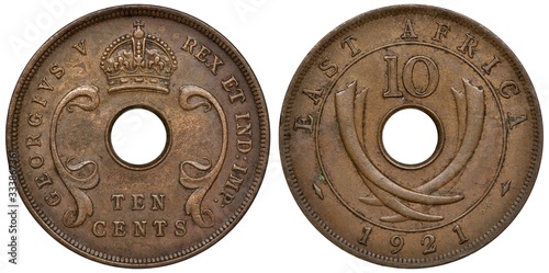 British East Africa coin 10 ten cents 1921, ruler King George V, crown above, tusks flank center hole,