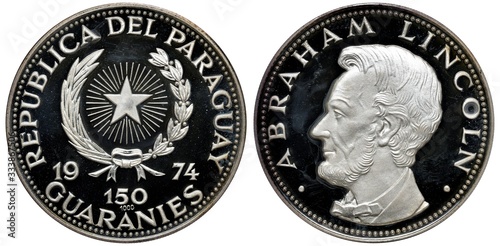 Fotografi Paraguay Paraguayan silver coin 150 one hundred and fifty guaranies 1974, subjec