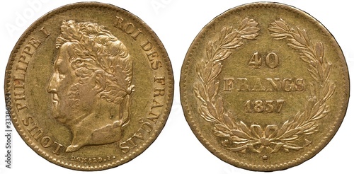 Obraz na plátně France French golden coin 40 forty francs 1830, head of King Louis Philippe I le