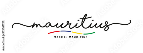 Made in Mauritius handwritten calligraphic lettering logo sticker flag ribbon banner