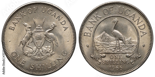 Uganda Ugandan coin 1 one shilling 1966, African shield with supporters, East African crowned crane in front of mountains, denomination below, 
