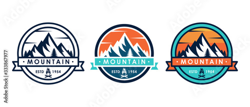 Set of Mountain logo vector illustration. Mountain badge design vector template design. Trendy Mountains logo design vector illustration template for Outdoor Adventure.