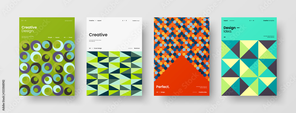 Business presentation vector A4 vertical orientation front page mock up set. Corporate report cover abstract geometric illustration design layout bundle. Company identity brochure template collection.