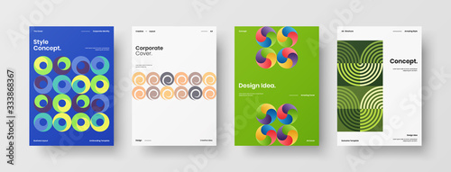 Business presentation vector A4 vertical orientation front page mock up set. Corporate report cover abstract geometric illustration design layout bundle. Company identity brochure template collection.