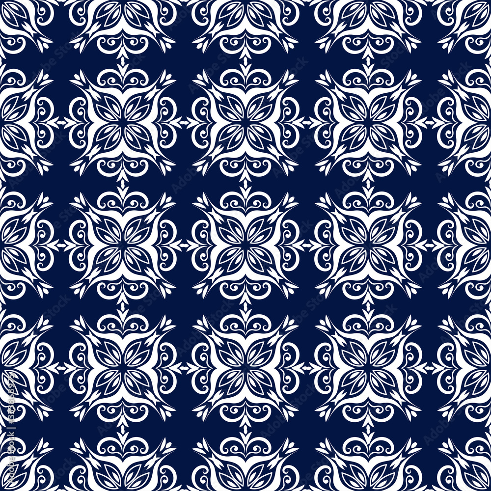 Fototapeta premium Floral seamless pattern. White design on dark blue background