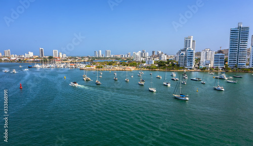 Beautiful view of the bay with yachts and modern buildings in Cartagena, Colombia.