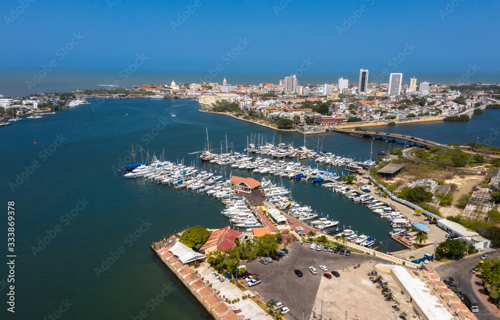 Aerial Beautiful view of the old city from the Marina in Cartagena Bay. Caribbean Sea View.