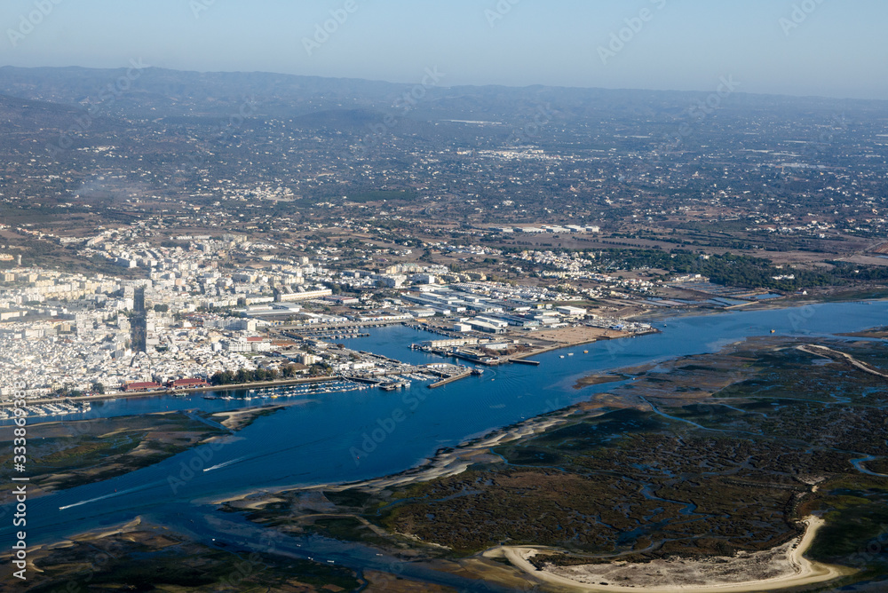 Fototapeta premium Olhao Harbour, Algarve coast, Portugal - aerial view