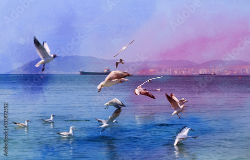 Photo of a blue sea with flocks of white gulls