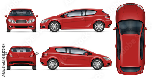 Red hatchback car vector mockup on white for vehicle branding, corporate identity. View from side, front, back, and top. All elements in the groups on separate layers for easy editing and recolor