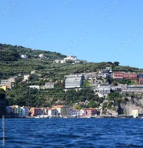 The old port area of Sorrento as seen from the water, Italy