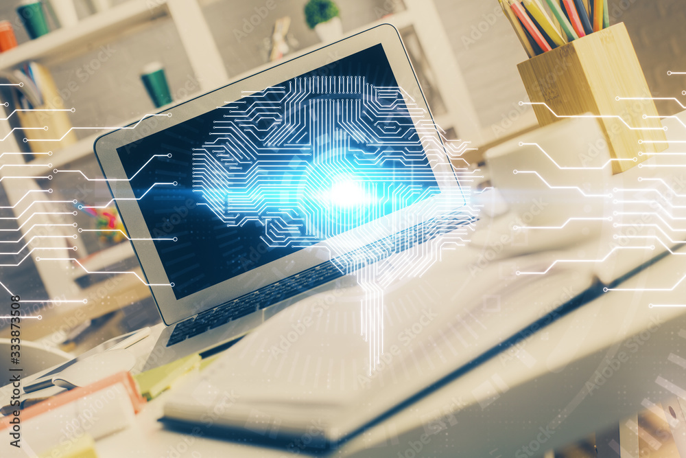 Double exposure of desktop computer and human brain drawing hologram. Ai concept. Double exposure of desktop computer and human brain drawing hologram. Ai concept.