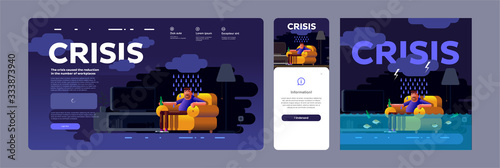 Vector illustration. Economic crisis and unemployment in the world. A man sitting at home in crisis. Website template, mobile screen, cover.