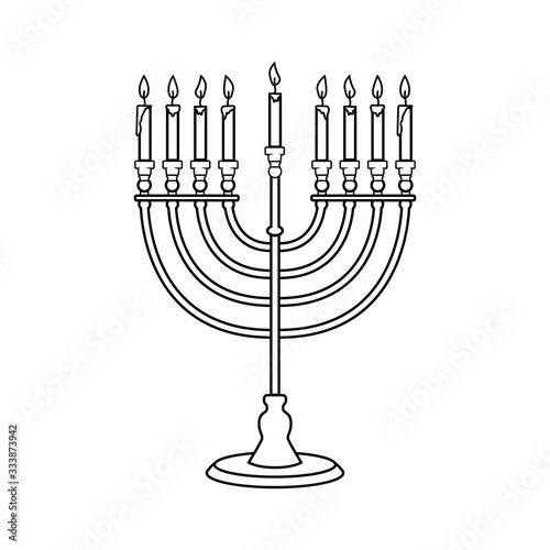 Illustration of Hanukkah candle in engraving style isolated on white background. Design element for poster, card, banner, sign, emblem. Vector image