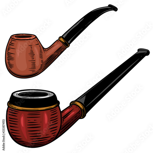 Set of Illustration of smoking pipe in engraving style. Design element for logo, label, sign, poster, t shirt. Vector illustration