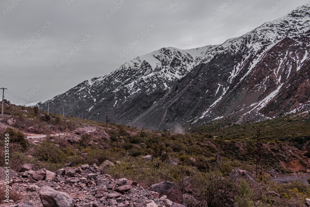 Naklejka premium Mountain landscape in Lo Valdés Valley, Cajón del Maipo, Central Andes of Chile.